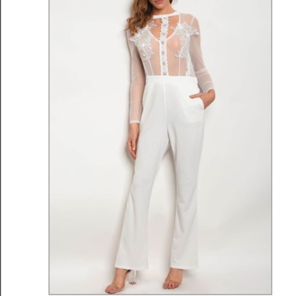 White Jumpsuit With Sheer Sleeves And Top